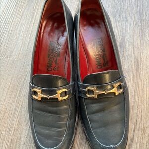 Salvatore Ferragamo Men's Dark Leather Loafers with Gold Accent
